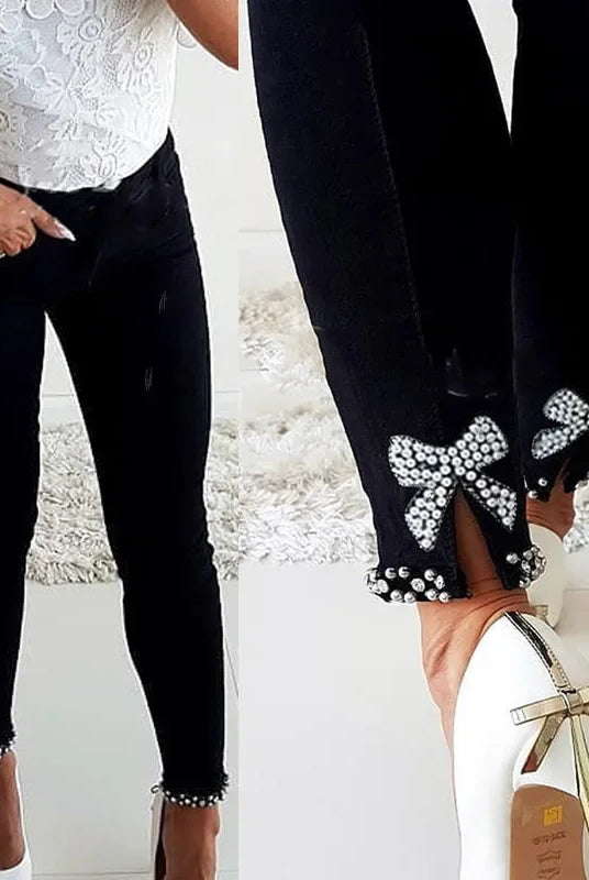 Slim Fit Denim Jeans Butterfly Stick Flower Bead open split ankle-length slimming pencil long trousers with bow