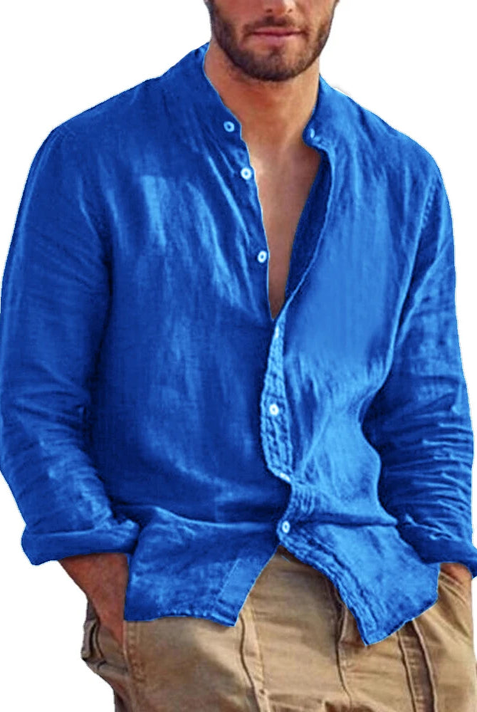 New Men's Solid Color Long Sleeve Shirt Linen Cotton Shirts Trend Plus-size Stand Collar Casual Lightweight Beach Tops in vibrant blue