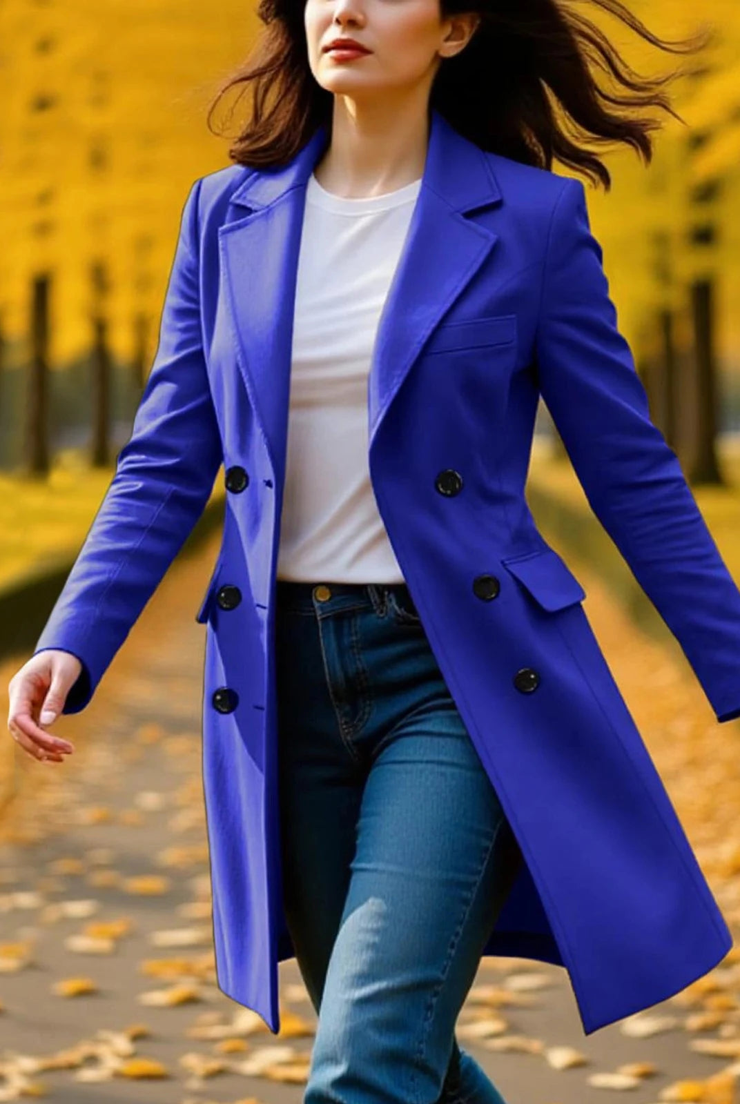 Women's long blue trench coat with lapel collar and double-breasted buttons, worn over a white top and blue jeans in an