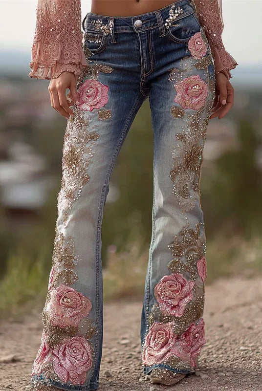 Womens 3D Printed Denim Flared Pants Slim Fit Bell Bottom Jeans with pink floral embroidery, embellishments, casual outdoor wear.