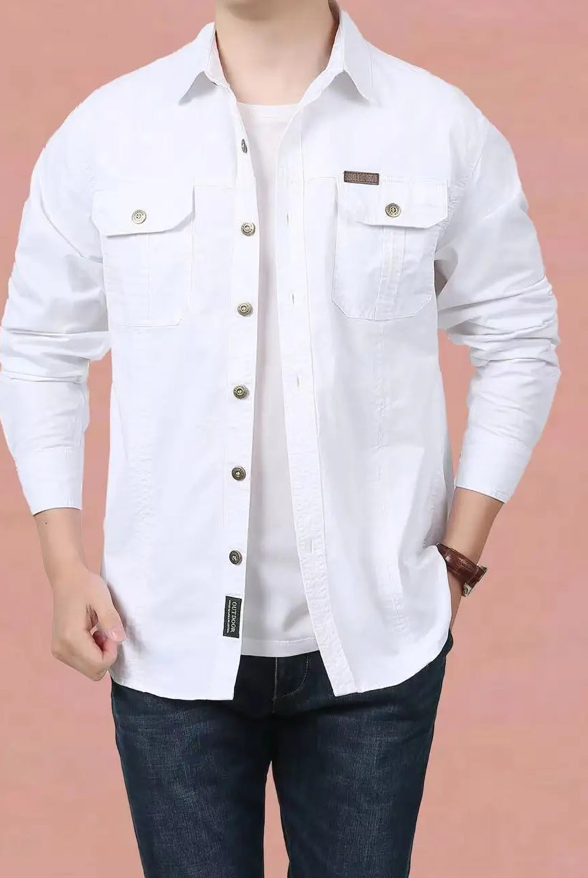 100% cotton men's long-sleeve casual shirt with multiple pockets, solid white, suitable for spring and fall, size 6XL cargo jacket style.