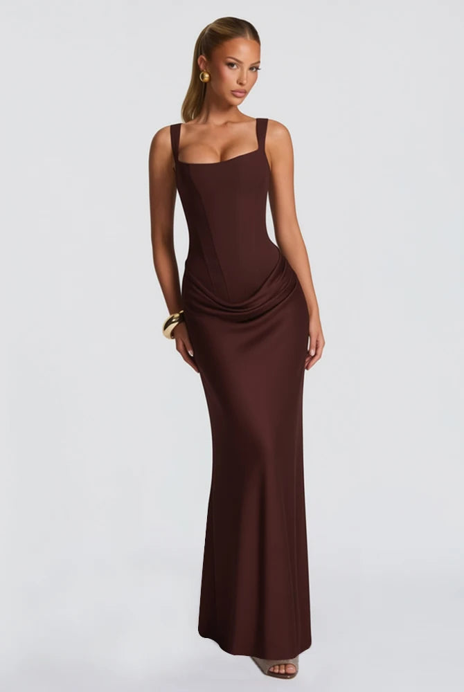 Mingmingxi White Sexy Corset Maxi Dress for women in long black satin, suitable for parties, prom, and formal events.