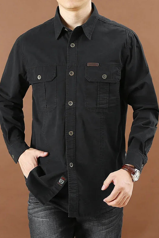 Men's long-sleeve casual shirt from the 100% Cotton High Quality Spring Fall Fashion collection, black, with multiple pockets and button closure.