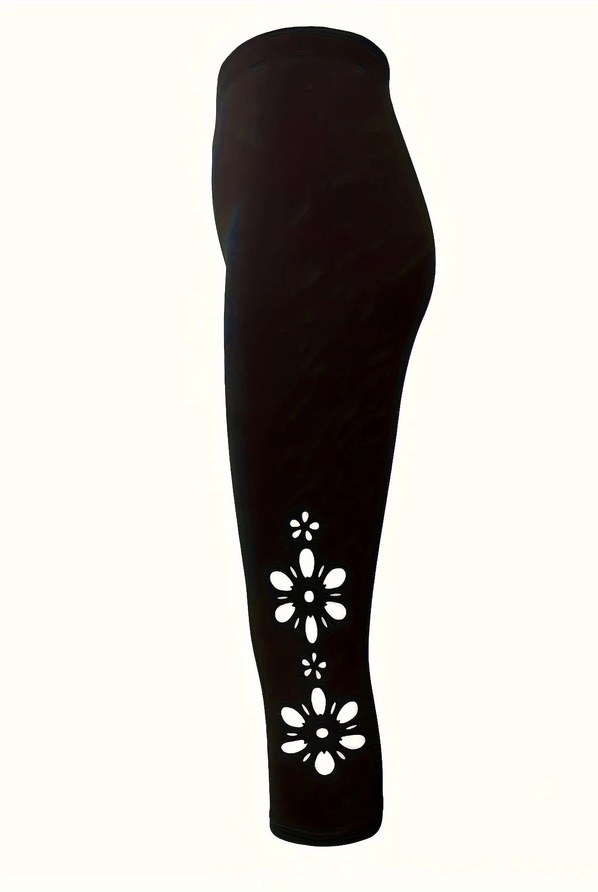 Black women's Capri leggings with floral hollow-out cutouts, labeled as 389 Women's Capri Leggings, Hollow-Out Tights.