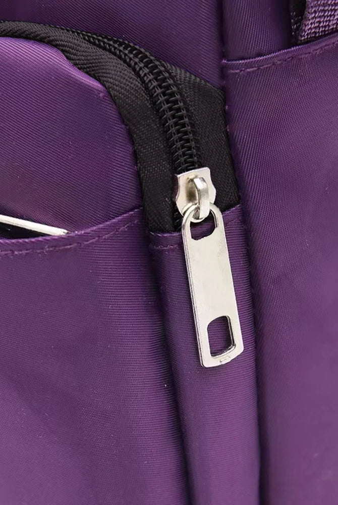Purple One Shoulder Crossbody Bag with large capacity, garland letter print pattern, silver zipper, and durable fabric for