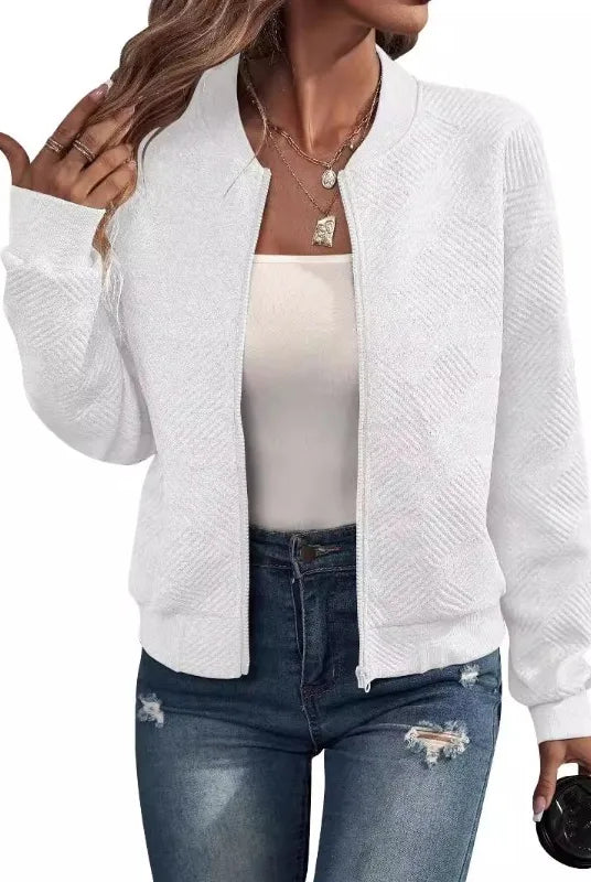 2025 Autumn and Winter Women's Sweaters Coats Plus Size Solid Color Zipper Jacket Casual Top in white, made of textured fabric.