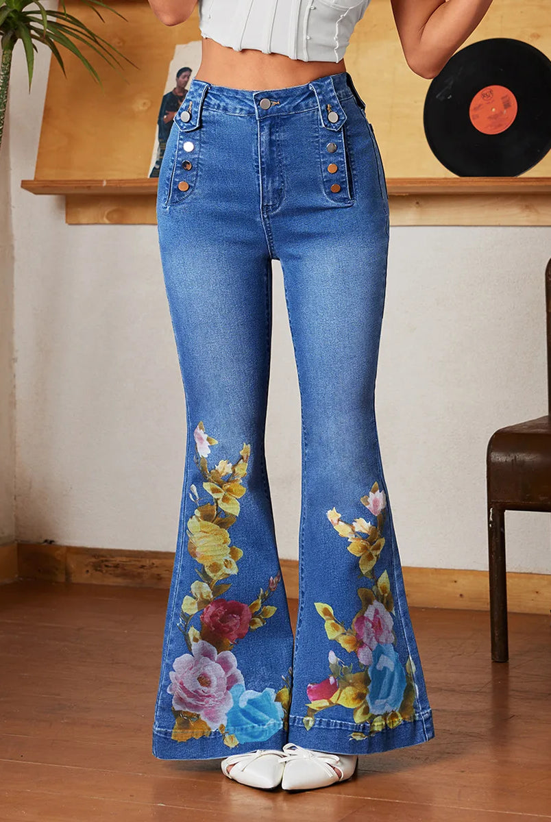 2025 New Women's Comfortable Elastic Bell Bottom Denim Jeans Floral Print mid Waist Long Pants shown on a woman in a room