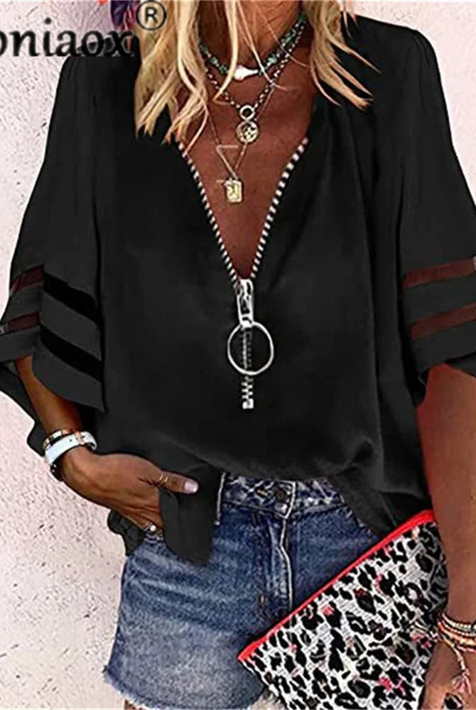 Sexy Lace Patchwork Flared Sleeve Mesh Solid Shirt Blouse 2022 summer women Zipper V-neck loose casual tops T-shirt, black