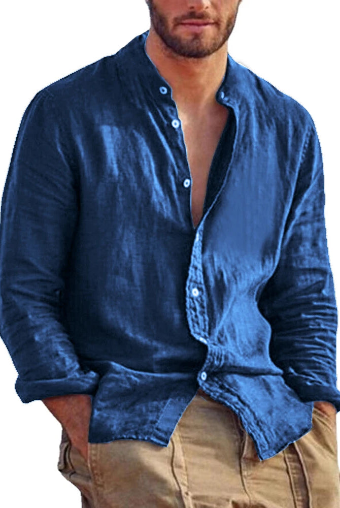 New Men's Solid Color Long Sleeve Linen Cotton Shirt with stand collar, casual lightweight beachwear in blue.