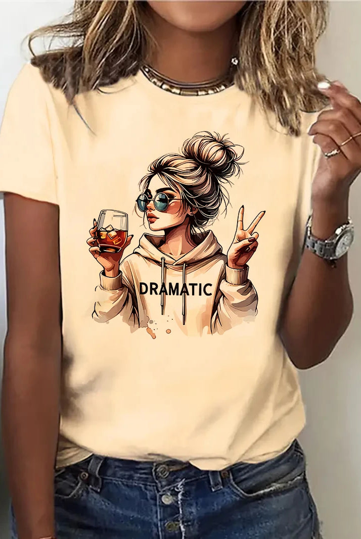 Streetwear 90s women's casual graphic T-shirt with a woman holding a drink, making a peace sign, featuring a Dramatic print and wine graphic.
