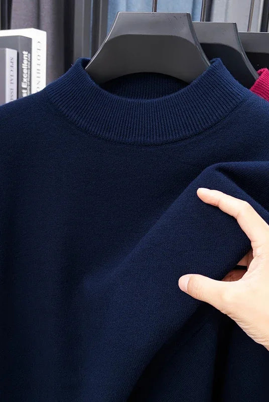 Half turtleneck knitwear sweater in solid navy blue, casual men's clothing, made of warm material, suitable for autumn and