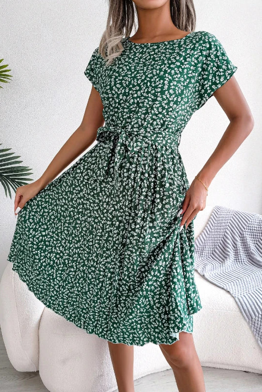 Gaun Berlipat Floral Wanita Gaun Midi Perban Ruched dengan lengan pendek dan leher o, cocok untuk musim panas dan pantai
