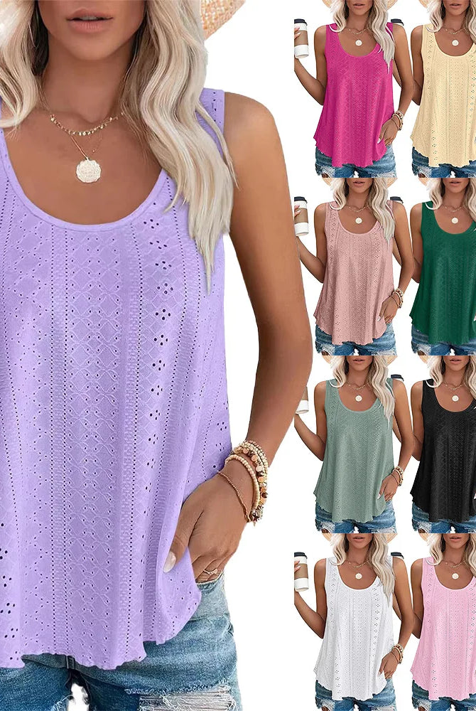 Solid color casual loose sleeveless oversized T-shirts for women, shown in lavender with eyelet embroidery, ideal for summer