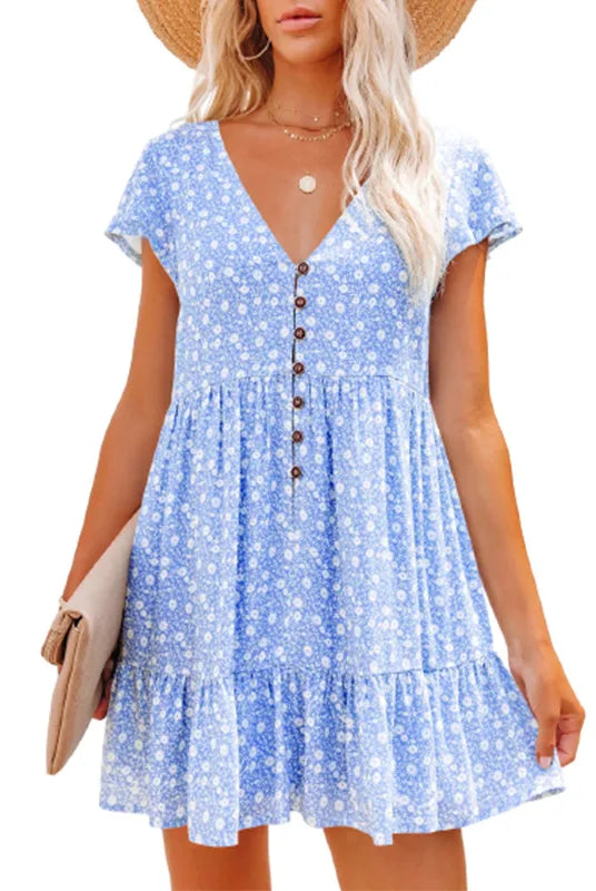 Europe spring and summer women's loose v-neck button-down dress with small broken floral pattern, short sleeves, and ruffled hem.