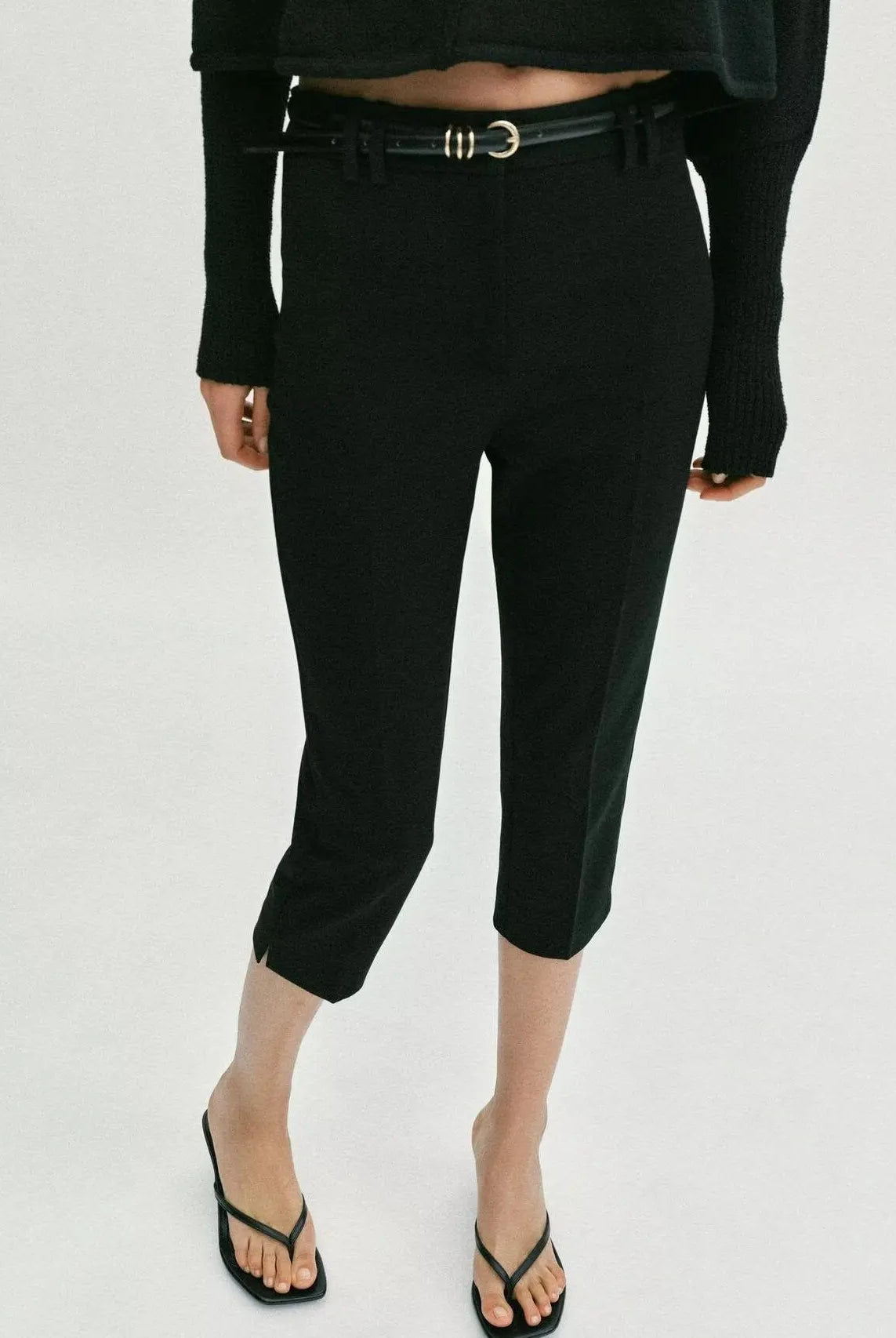 Spring New Arrival Women's Casual Pure Color Capri Pants with Belt, black, cropped length, versatile leisure trousers with