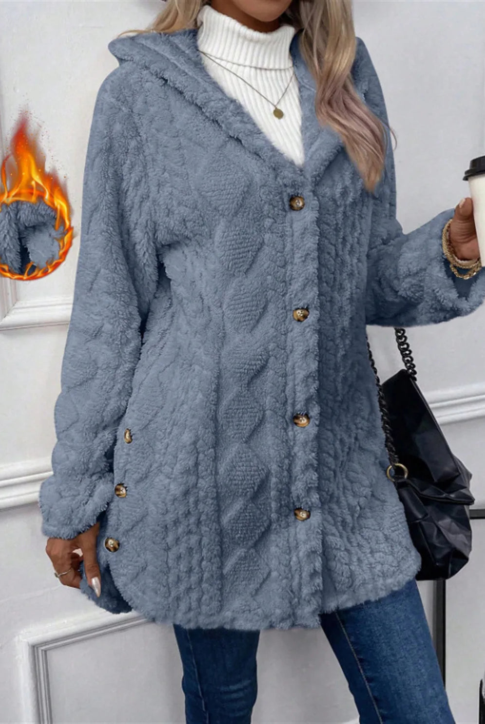 Women cardigan hoodie jacket with argyle textured pattern, oversized fleece in gray with irregular hem and button details.