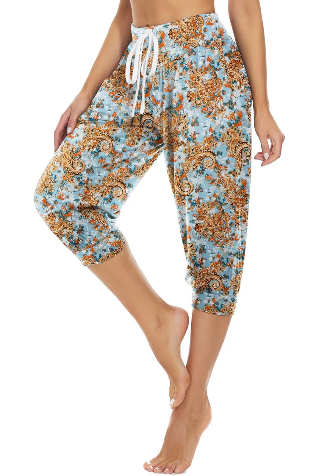 Women's Summer Loose Capri Pants Retro Printed Casual Sports Yoga Pants with Pockets, blue and orange floral design.