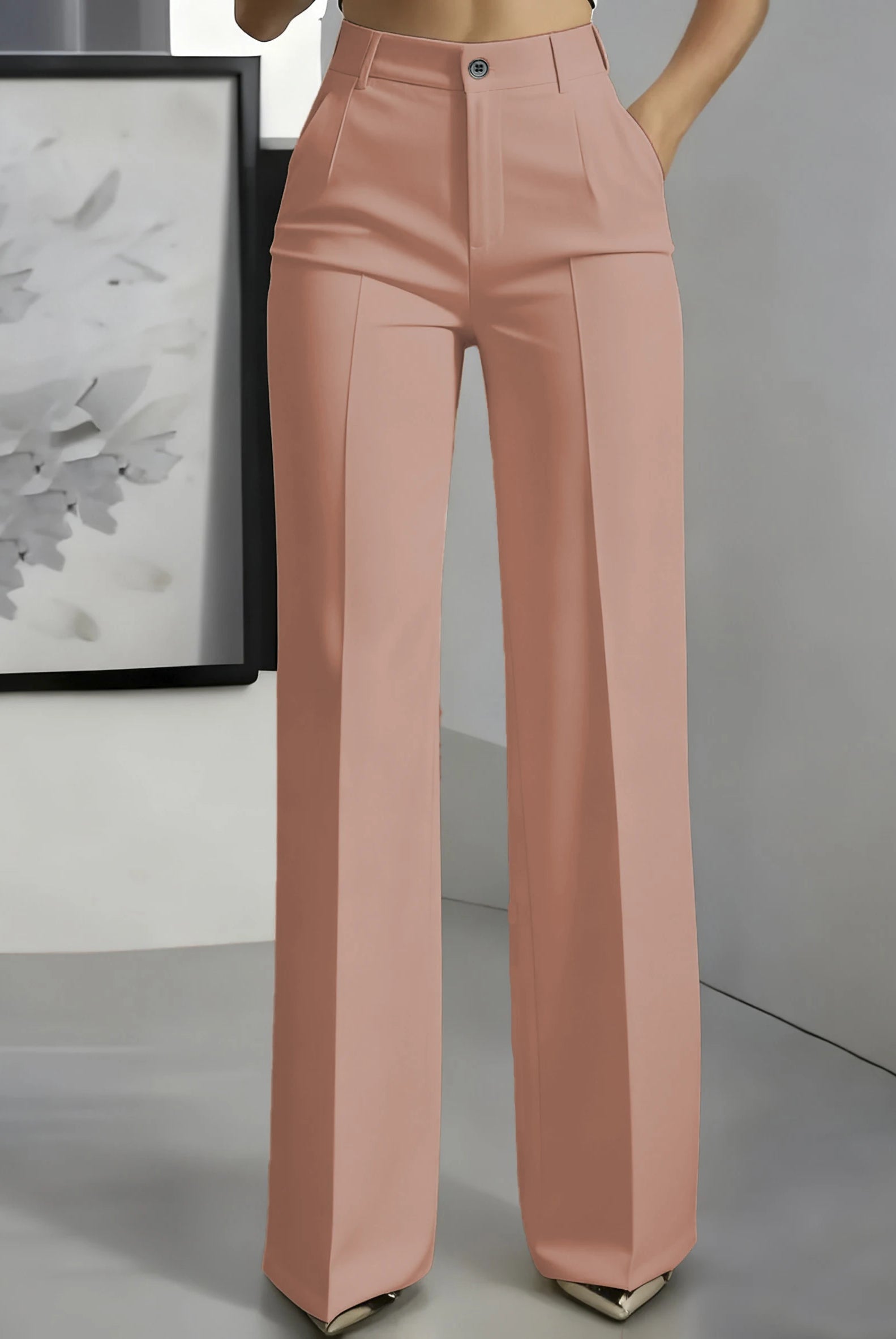 New 2025 Women's High-Waisted Draped Straight-Cut Suit Pants in soft pink, made of lightweight fabric for formal European American cross-border fashion.