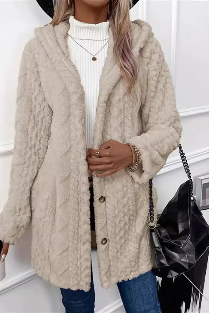 Women cardigan hoodie jacket with argyle textured pattern, hood, irregular hem, buttons, fleece material, oversized fit in