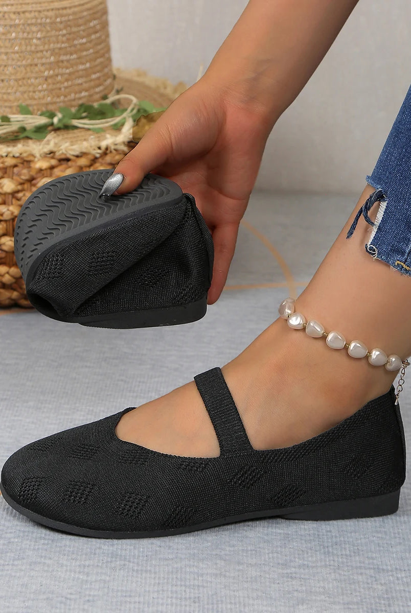 Elastic Knitting Flats Shoes for Women 2025 Summer breathable soft loafers, black, slip-on casual shoes with ankle pearl