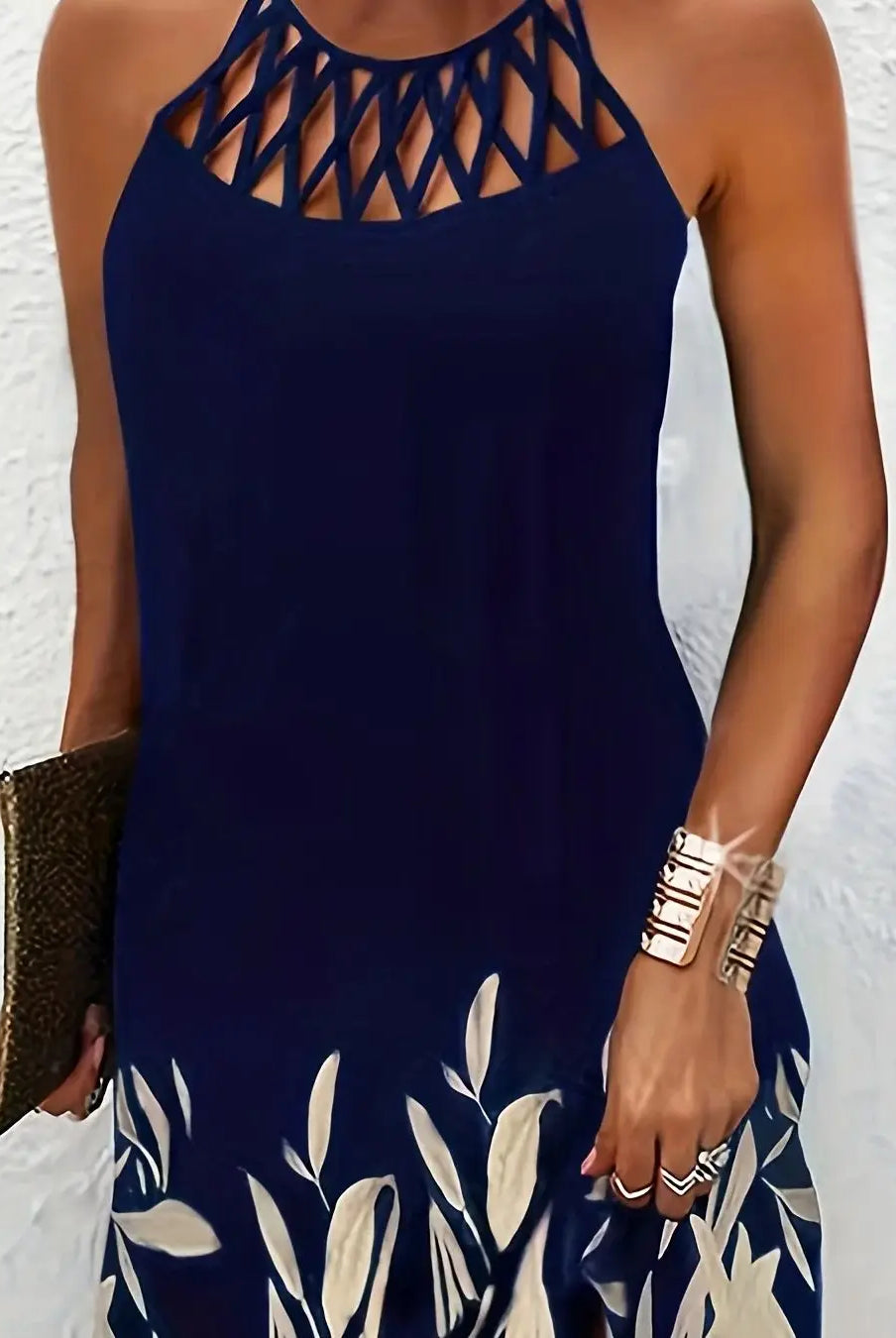 2024 Summer National Wind Positioning Printing Mesh Belt Sleeveless Casual Dress in navy blue with lattice neckline and white leaf pattern.