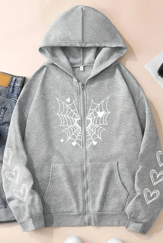 2025 Hot Sale Women's Hoodie with spider web and heart print, zip-up, all-season casual sweatshirt in grey with hood and