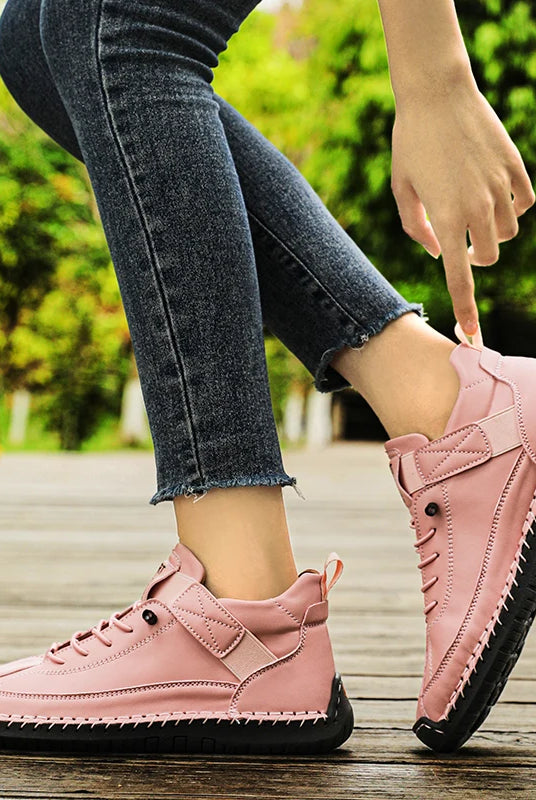 New Fashion Sneakers Handmade Leather Women's Shoes Mid-Top casual flats with pink slip-on loafers, black rubber soles, worn