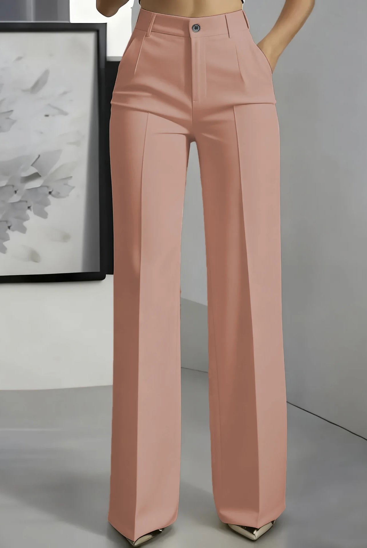 Women's high-waisted straight-leg trousers in solid pink fabric, suitable for formal office wear, with slim-fit cut and classic design.