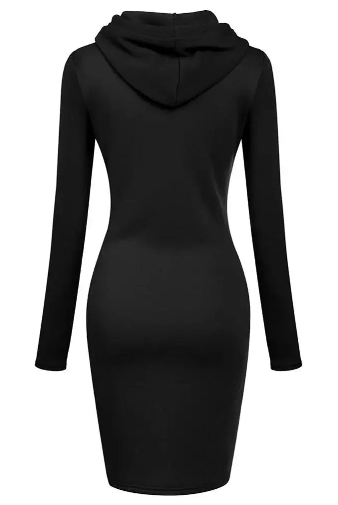 Ladies Dress Autumn women hooded dress in black with long sleeves and a fitted bodycon style, made of soft, warm fabric.