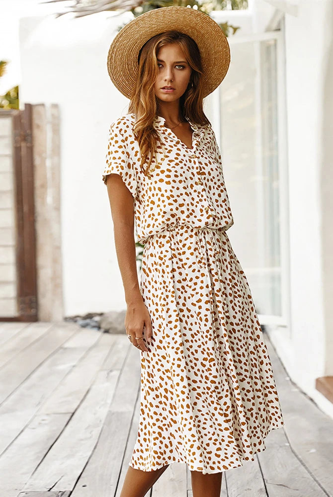 Vintage Floral Print Dress Women Boho Short Sleeve Long Dress with turn-down collar, casual waistband shirt dress for