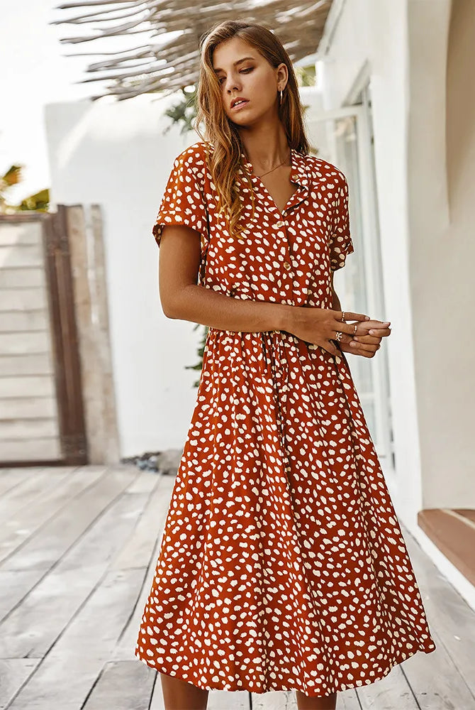 Vintage Floral Print Dress Women Boho Short Sleeve Long Dress with turn-down collar, casual waistband, in warm orange with
