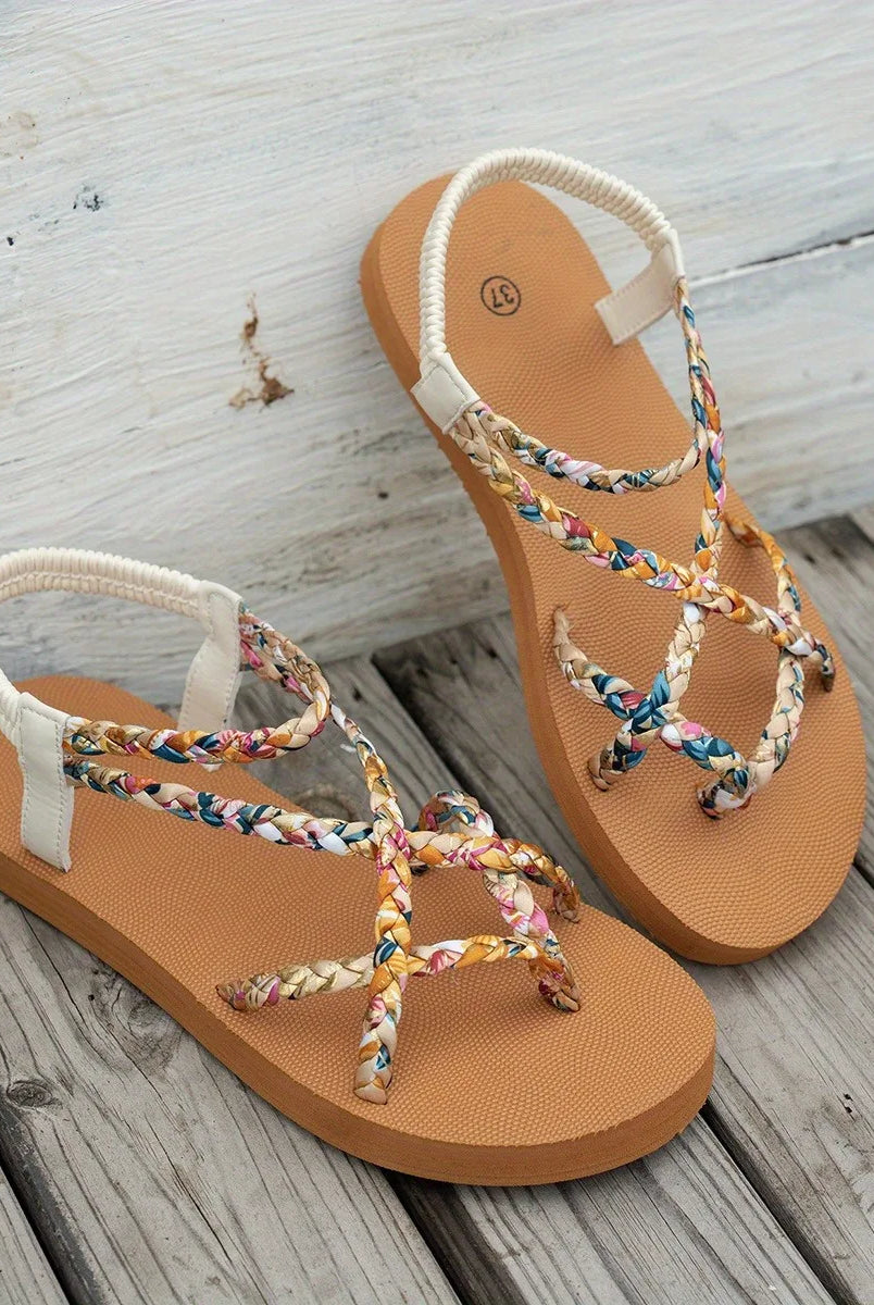 Fashionable lightweight large size beach sandals for women with round head, colorful braided straps, and comfortable fish