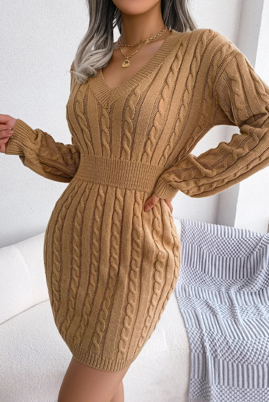 VigoCasey 2025 V Neck Khaki knit dress with long sleeves, cable pattern, and bodycon fit, suitable for autumn and winter