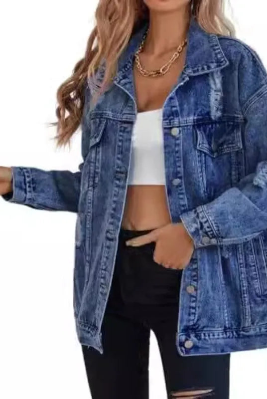 Premium Women's Denim Jacket with Harajuku hole design, loose fit, trendy fall winter casual outerwear in blue denim.