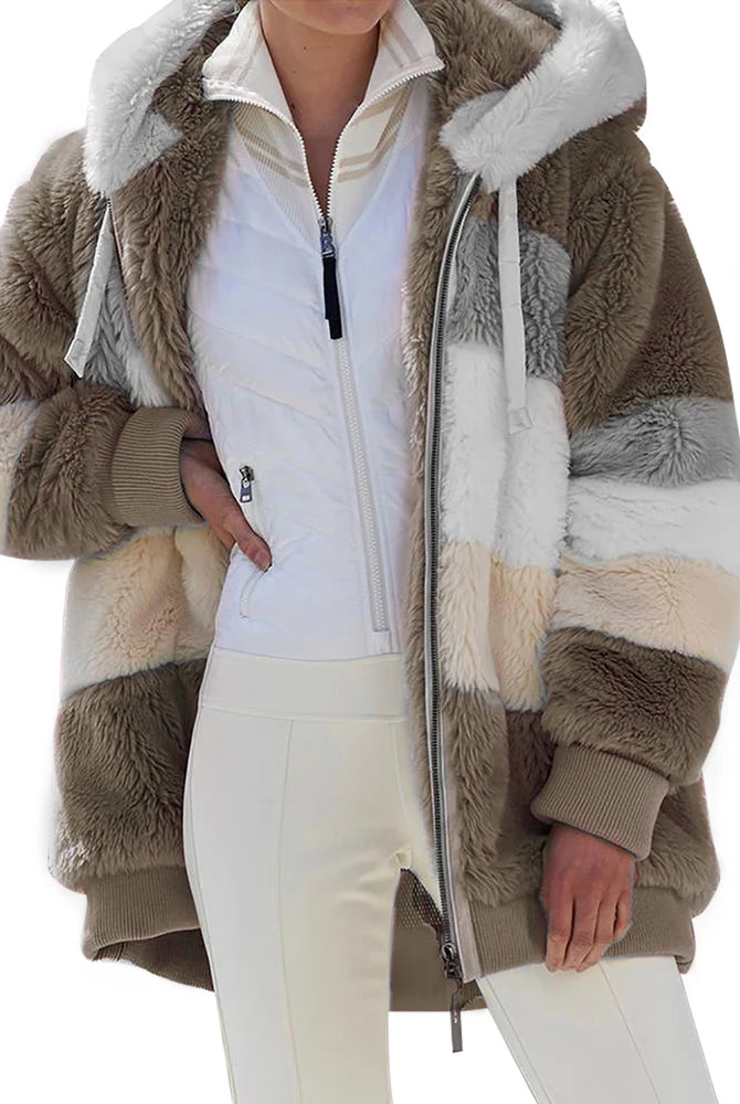 Oversized women's coat for 2025 autumn winter, plush warm hooded streetwear with pockets, zipper closure, and cashmere outerwear design.