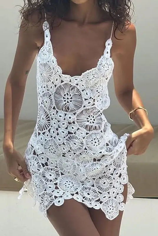 Combhasaki Women Summer Boho Knitted Crochet Halter Neck Swimsuit Coverups VNeck Hollow Out Irregular Hem Short Mini Beach