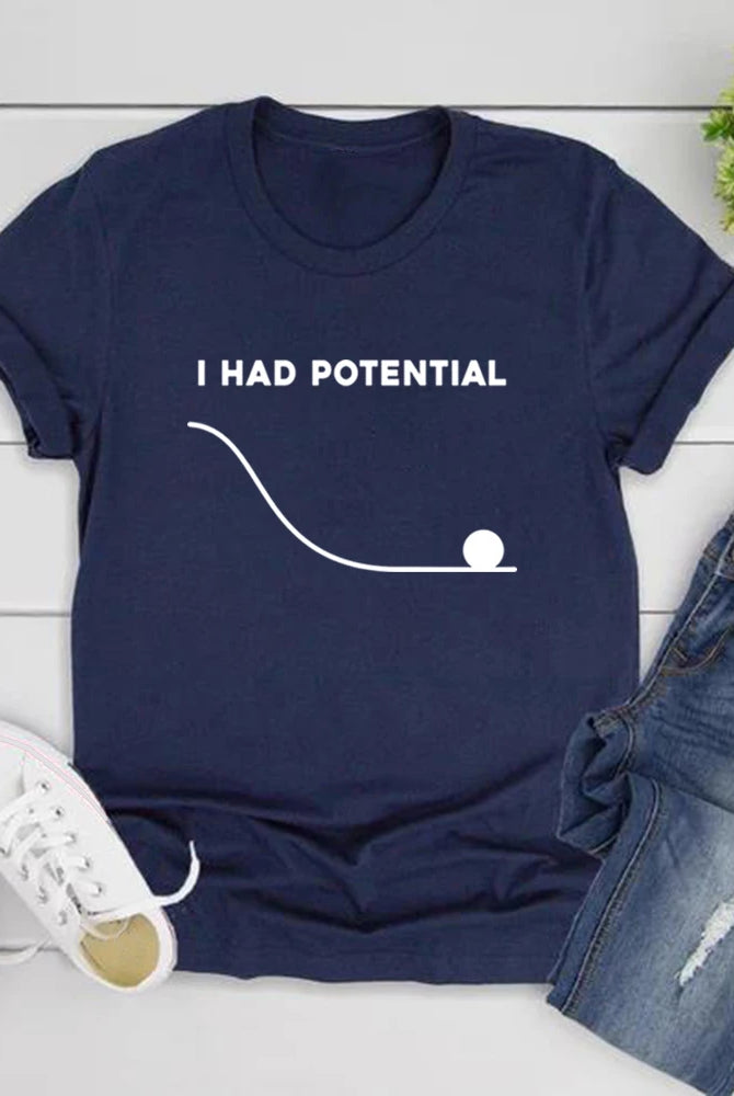 Navy blue I Had Potential Shirt Project Hail Mary T-shirt with white text, golf ball graphic, paired with distressed jeans