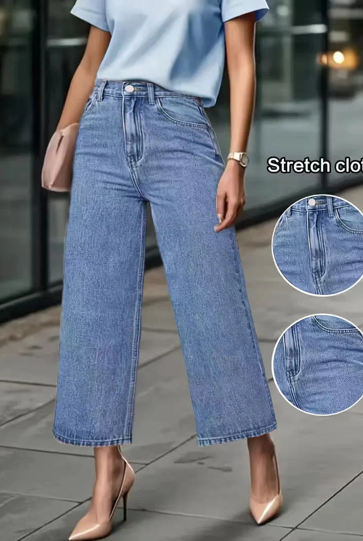Women's High-Waisted Wide-Leg Capri Jeans in light blue denim with stretch cloth for a relaxed fit, shown with beige high