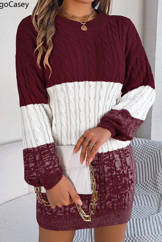 VigoCasey 2025 casual solid patchwork knit dress women long sleeve bodycon dress in burgundy and white with a ribbed hem and