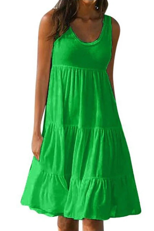 Women Casual Solid Mini Dress 2024 Summer sleeveless sundress with ruffles, in bright green, made of lightweight fabric for