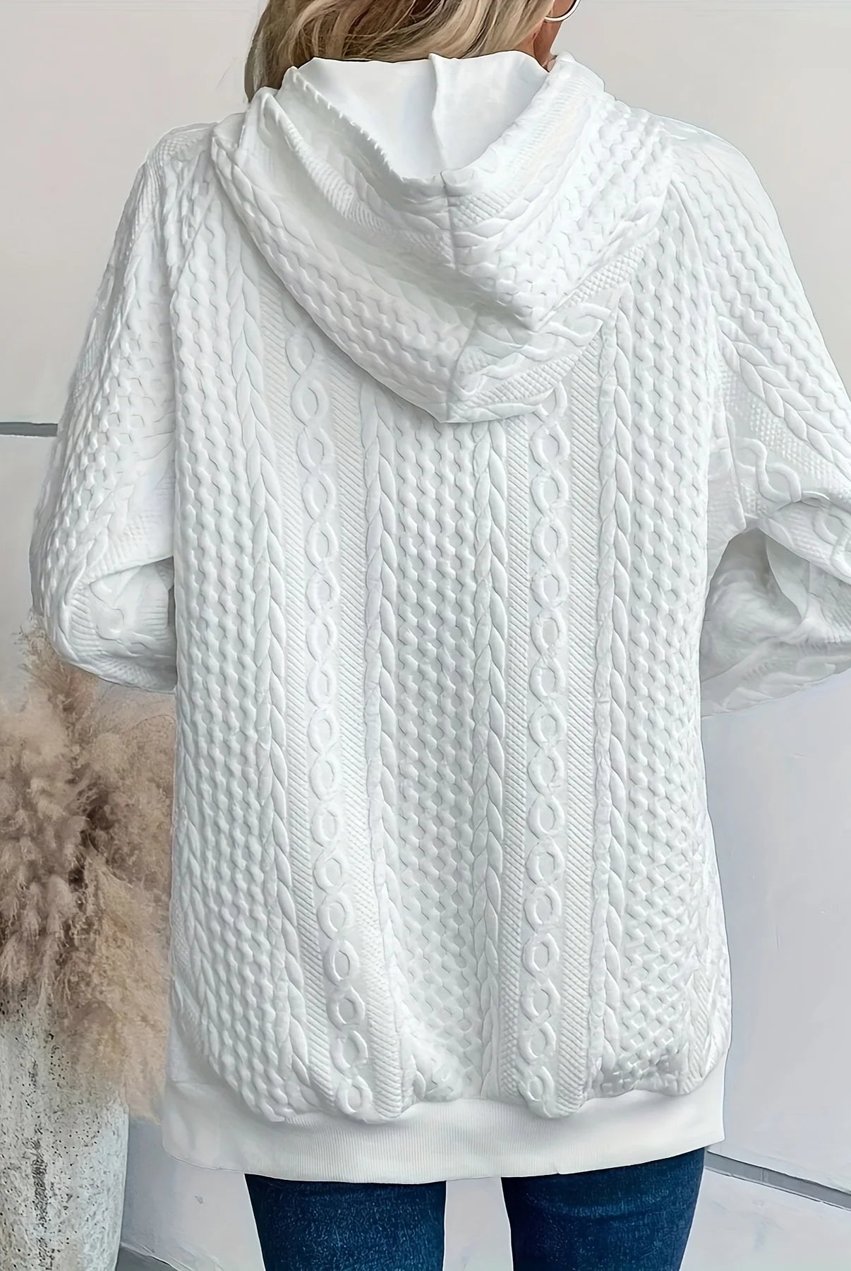 Plus Size Casual Sweatshirt Women's Plus Solid Cable Long Sleeve Button Hoodie With Pockets in white, featuring textured cable knit design and hood.