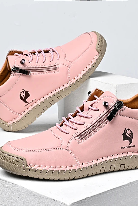Women casual shoes non-slip wear-resistant outdoor Tenis with leather upper, pink color, breathable lining, and lightweight