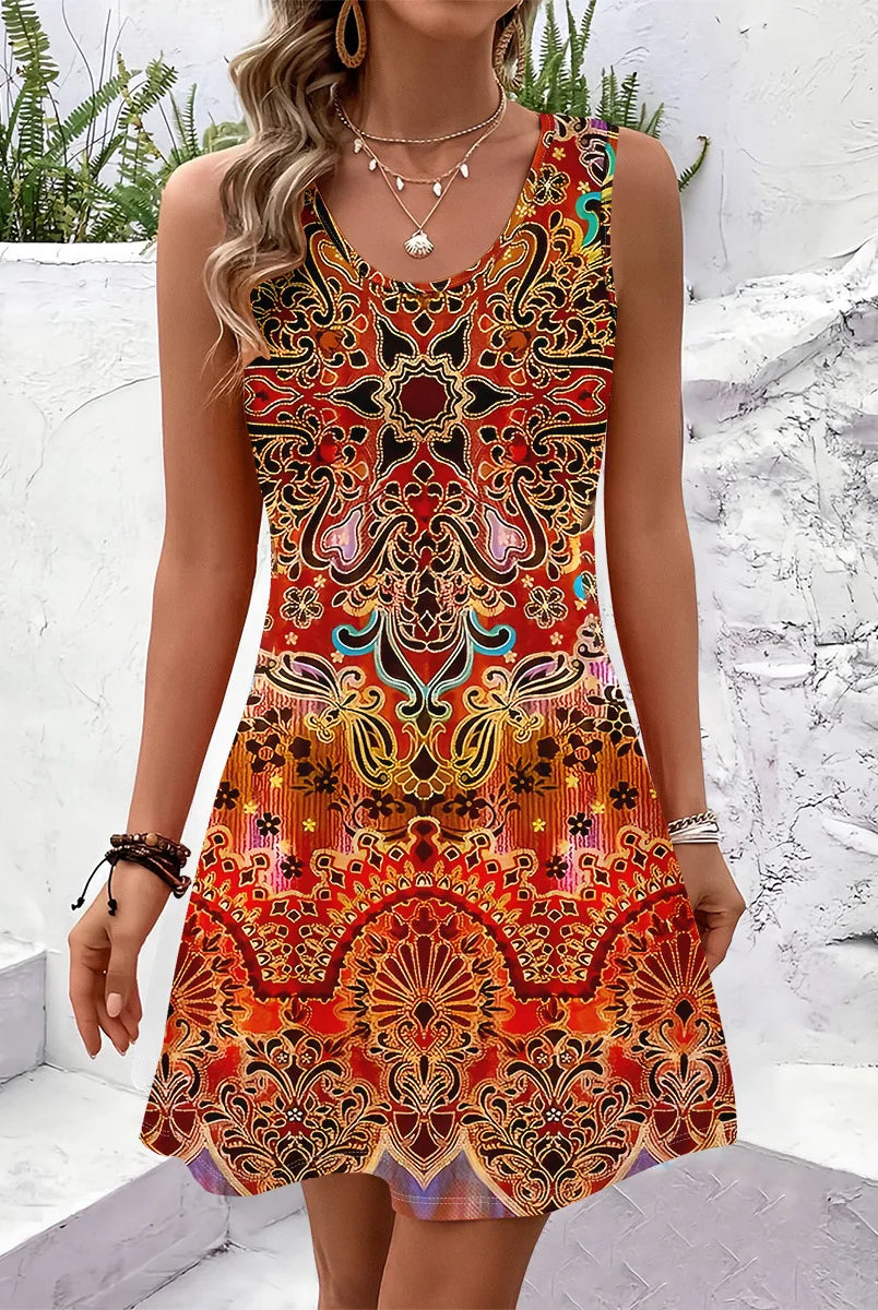 Women Summer Sleeveless Bohemian Dress with vibrant red, orange, and gold intricate print, perfect for vacation, beach, and birthday events.