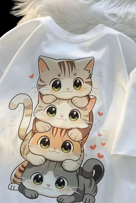 Summer Japanese cute cartoon stacked cat printed short-sleeved T-shirt for ladies and boys, featuring four colorful