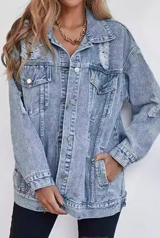 Premium Women's Denim Jacket with hole design, Harajuku style, casual loose fit, ideal for fall and winter outerwear.