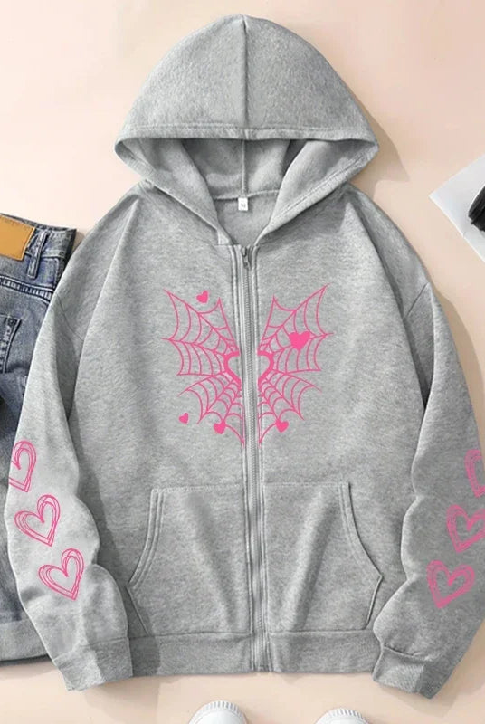 2025 Hot Sale Women's Hoodie with pink spider web and heart print, gray zip-up sweatshirt, all-season casual urban fashion