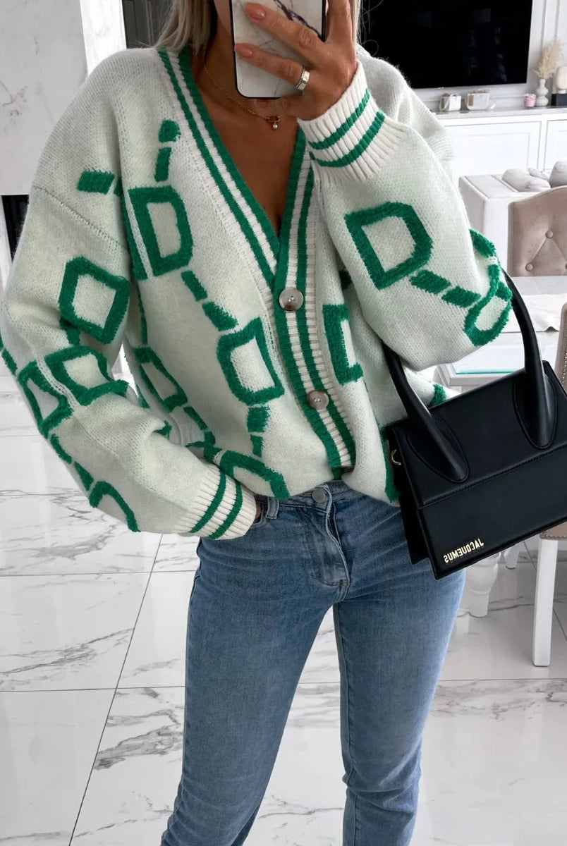 Autumn Winter Jacquard Knitted Coat Women Fashion V-neck long sleeve single breasted cardigan in cream with green geometric