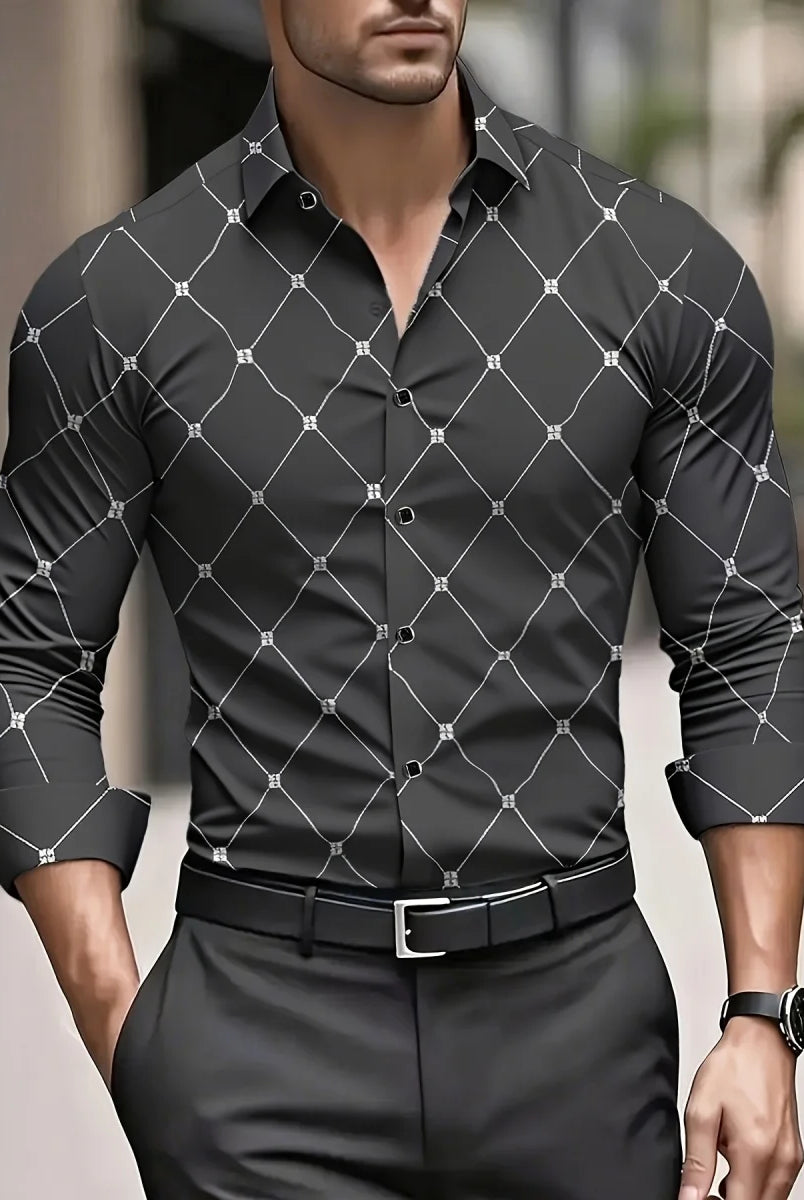 Men's Trendy Geometric 3D Line Print Long-Sleeved Button-Up Shirt in black with white geometric pattern, casual fashion male
