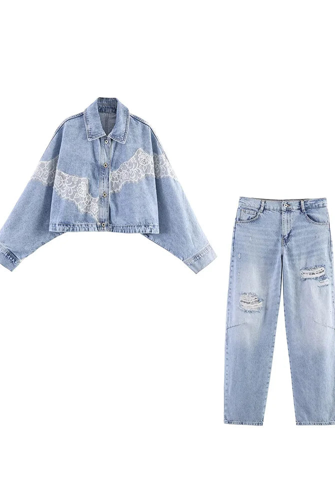 HH Spring Women Chic Lapel Single-breasted Lace Long Sleeve Short Denim Jacket and distressed mid-rise hole decoration jeans
