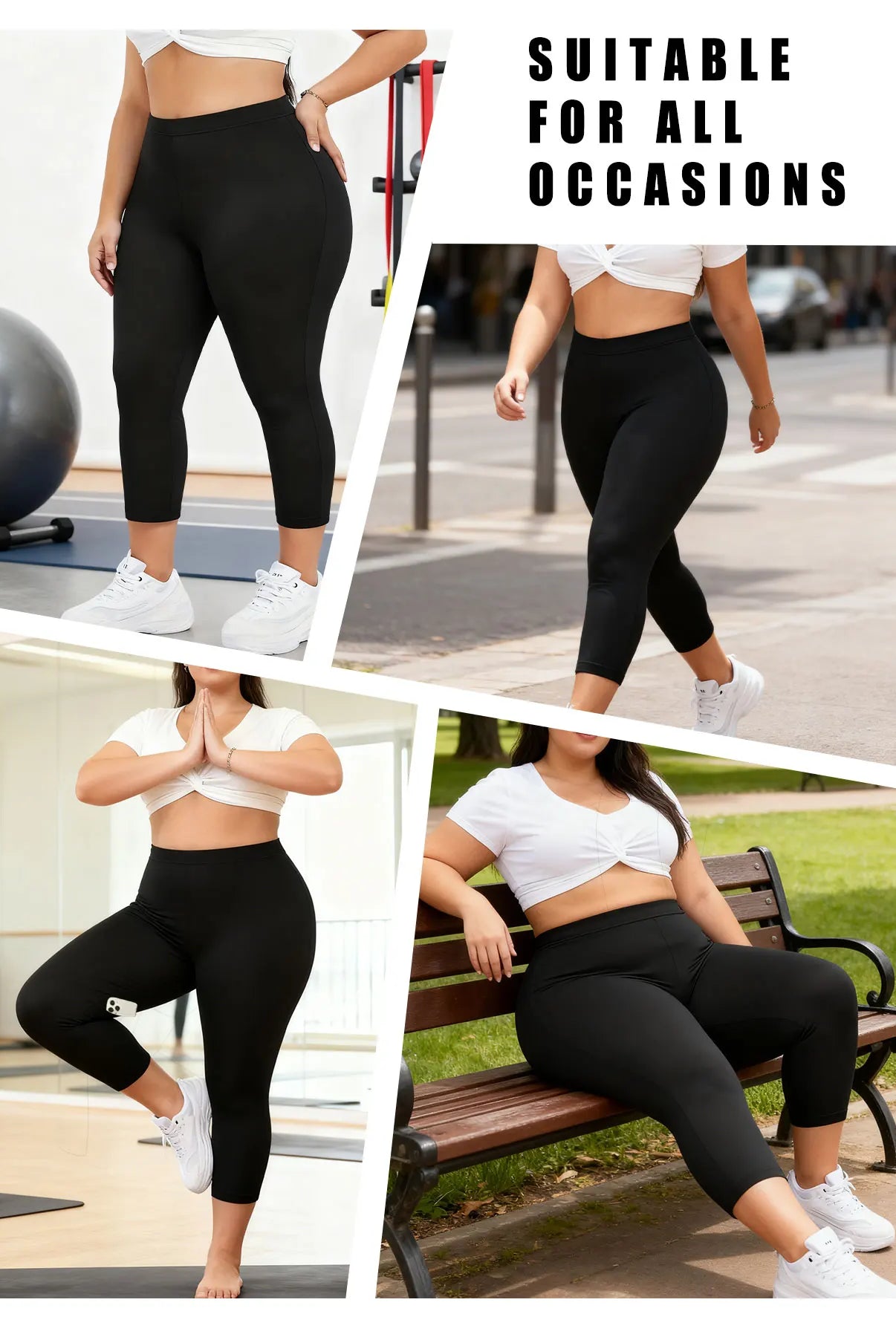 Plus Size Super Soft Capri Pants for Women in black, made of stretchy, no see-through material, shown in active and casual poses.